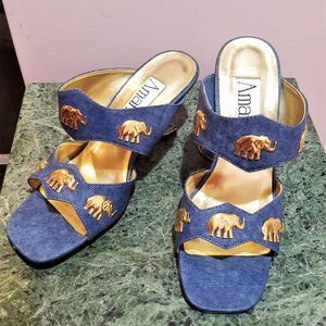 Amanda Blue Fabric Denim Gold Elephant Sandals 7W